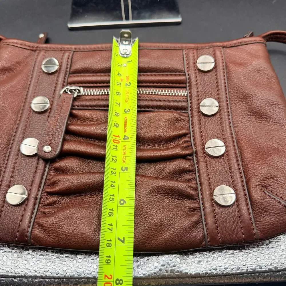 B Makowsky Brown Leather Crossbody Bag Studded Ruched Pocket Purse